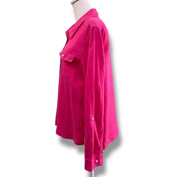 Talbots Top Womens Large Pink 100% Linen Button Up Roll Tab Long Sleeve Classic - Picture 6 of 13